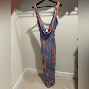PLT multi color cowl/plunge maxi dress